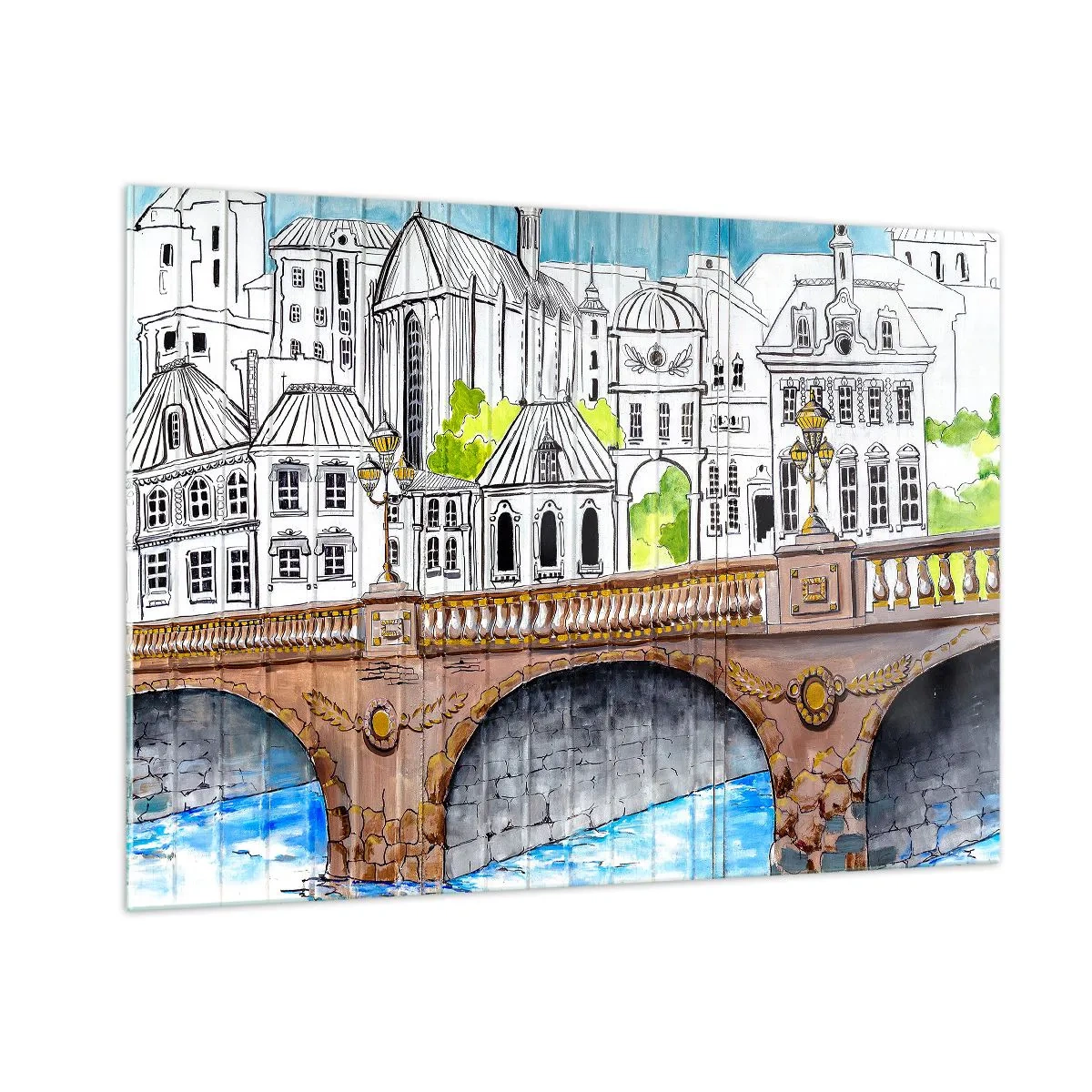 Glasbild - Bild auf glas - Die Brücke und die Stadtarchitektur in Form einer Aquarellskizze - 100x70cm - Die Stadt ist gemalt - Moderne Wanddekoration für Wohnzimmer und Schlafzimmer ARTTOR