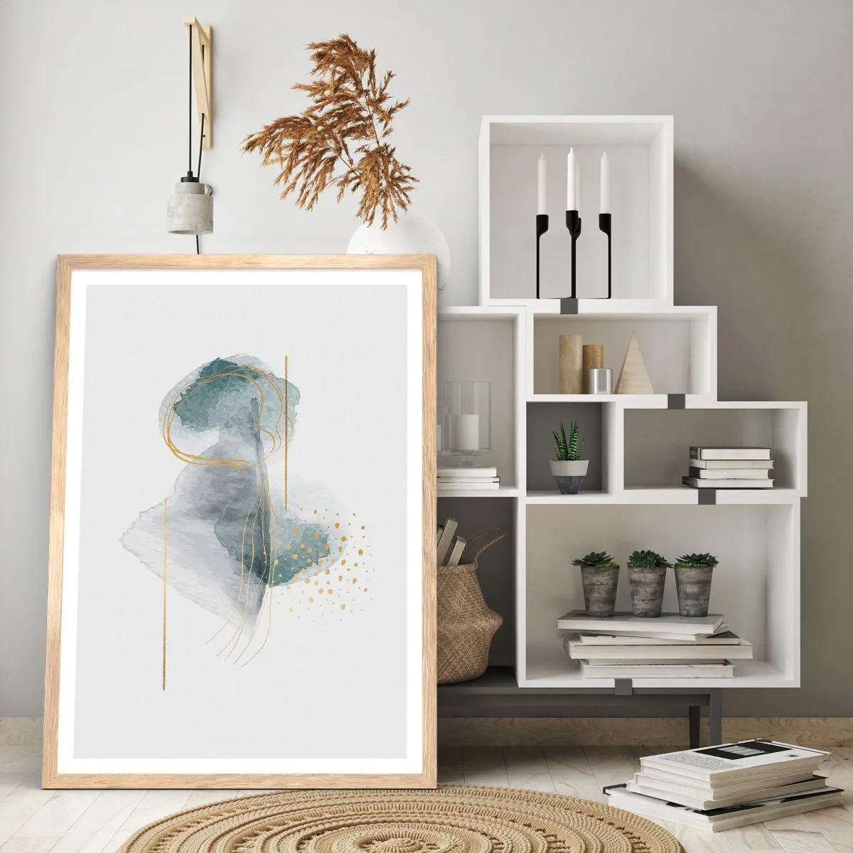 Poster in einem Rahmen aus heller Eiche - Über das Verhältnis von Grau und Gold - 61x91 cm