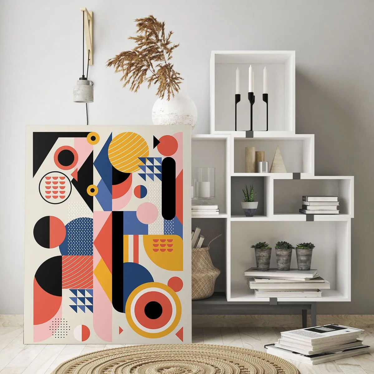 Glasbild - Bild auf glas - Bunte geometrische Formen im Retro-Stil - 70x100cm - Komposition: Na, los, spiel! - Moderne Wanddekoration für Wohnzimmer und Schlafzimmer ARTTOR