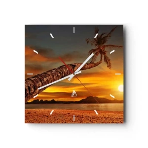 Wanduhr - Glasuhr - Palme am Strand bei Sonnenuntergang mit Blick auf das Meer - 30x30cm - Exotischer Urlaub, karibisches Abenteuer - Moderne Wanddekoration für Wohnzimmer und Schlafzimmer ARTTOR