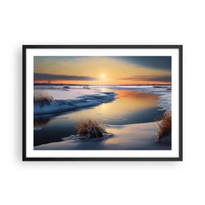 Poster in einem schwarzem Rahmen - Winterlandschaft mit einem Fluss bei Sonnenuntergang - 70x50cm - Wintersonnenuntergang - Moderne Wanddekoration für Wohnzimmer und Schlafzimmer ARTTOR