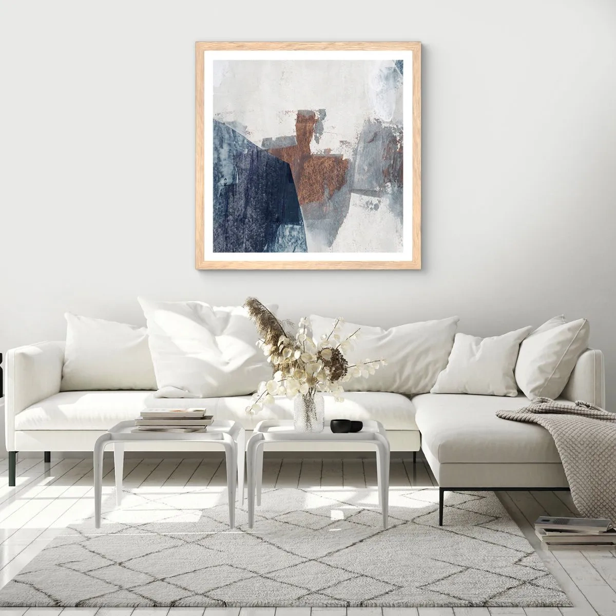 Poster in einem Rahmen aus heller Eiche - Blaue und braune Formen - 30x30 cm