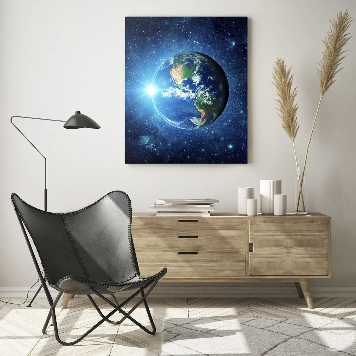 Glasbild - Bild auf glas - Erde aus dem Weltraum mit Lichtstrahlen gesehen - 50x70cm - Wir sind im Himmel - Moderne Wanddekoration für Wohnzimmer und Schlafzimmer ARTTOR