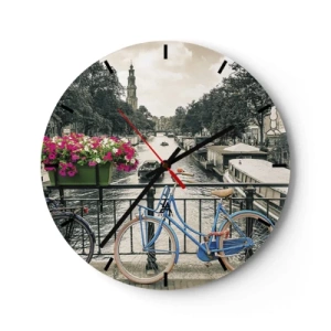Wanduhr - Glasuhr - Eine Fahrradbrücke über einen Kanal in Amsterdam - 30x30cm - Die Farben der Amsterdamer Straße - Moderne Wanddekoration für Wohnzimmer, Küche und Schlafzimmer ARTTOR