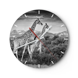Wanduhr - Glasuhr - Ein Schwarzweißfoto von zwei Giraffen in der Savanne. - 30x30cm - Hohe Sphären in Afrika - Moderne Wanddekoration für Wohnzimmer, Küche und Schlafzimmer ARTTOR
