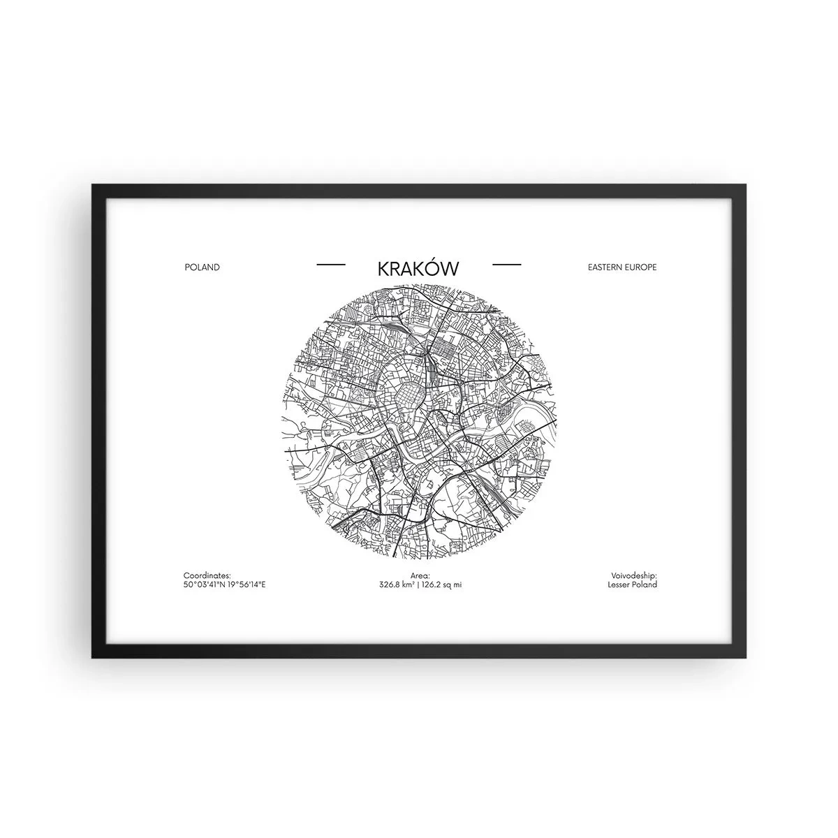 Poster in einem schwarzem Rahmen - Eine Karte von Krakau im minimalistischen Stil - 70x50cm - Anatomie von Krakau - Moderne Wanddekoration für Wohnzimmer und Schlafzimmer ARTTOR