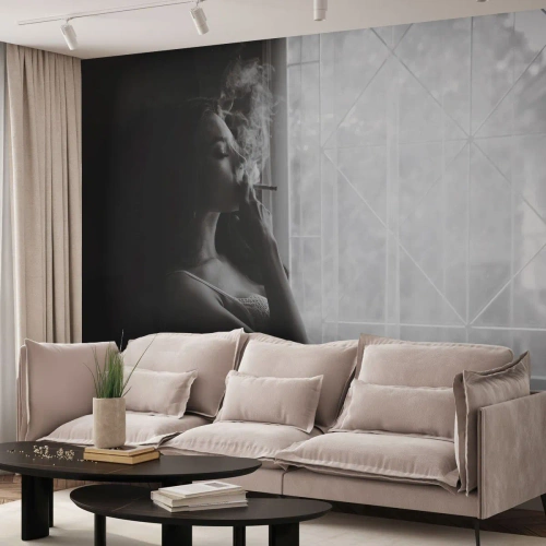 Fototapete Premium Canvas - Sinnlicher Moment - Frau, Zigarette, Schlafzimmer - 200x140 cm