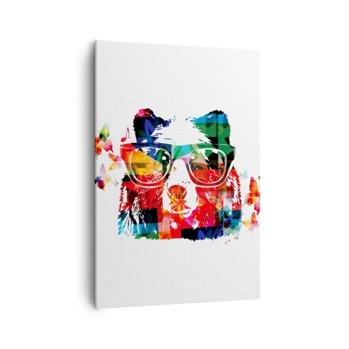Bild auf Leinwand - Leinwandbild - Bunter Bär mit Brille mit Schmetterlingen und Musiknoten - 70x100cm - Ich mag! - Moderne Wanddekoration für Wohnzimmer und Schlafzimmer ARTTOR