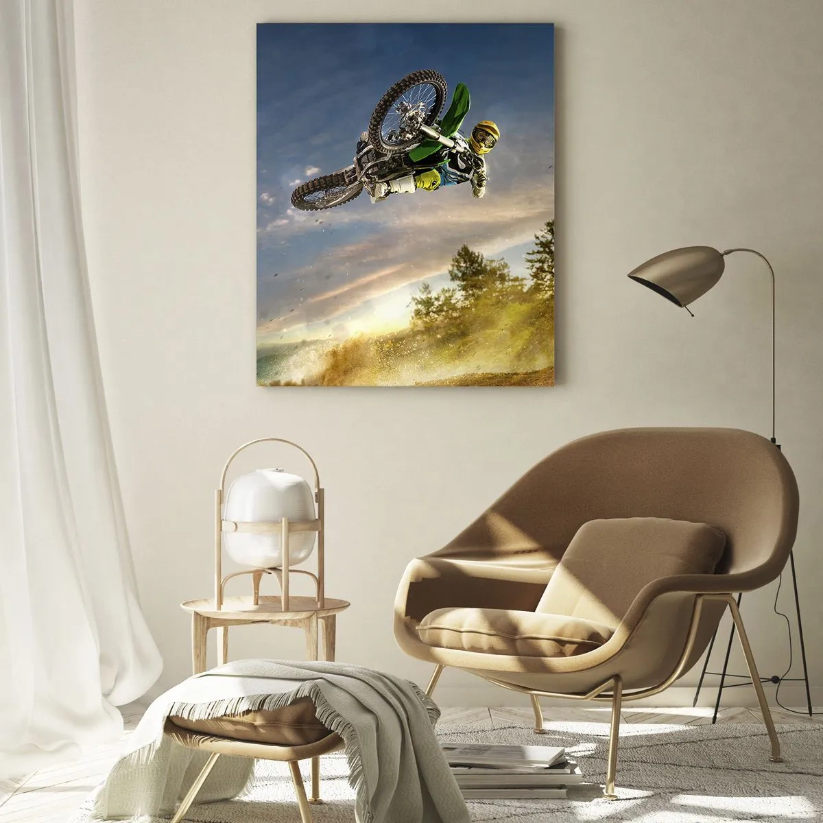 Glasbild - Bild auf glas - Motorradfahrer im dynamischen Sprung - 70x100cm - Schalten Sie Emotionen ein! - Moderne Wanddekoration für Wohnzimmer und Schlafzimmer ARTTOR