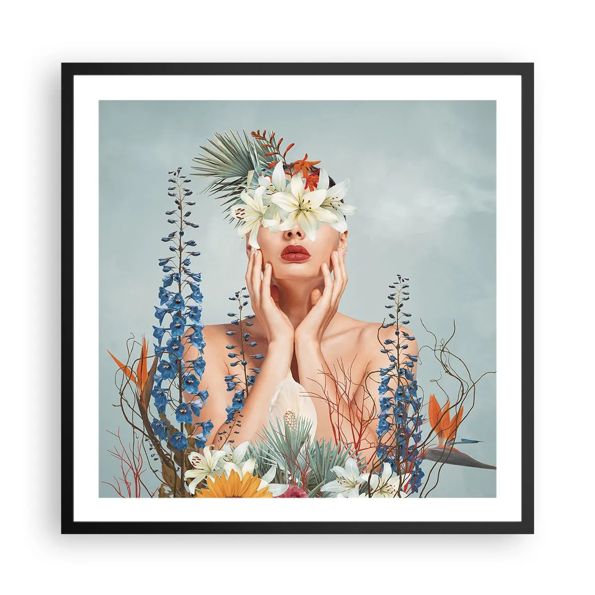 Poster in einem schwarzem Rahmen - Frau - Blume - 60x60 cm