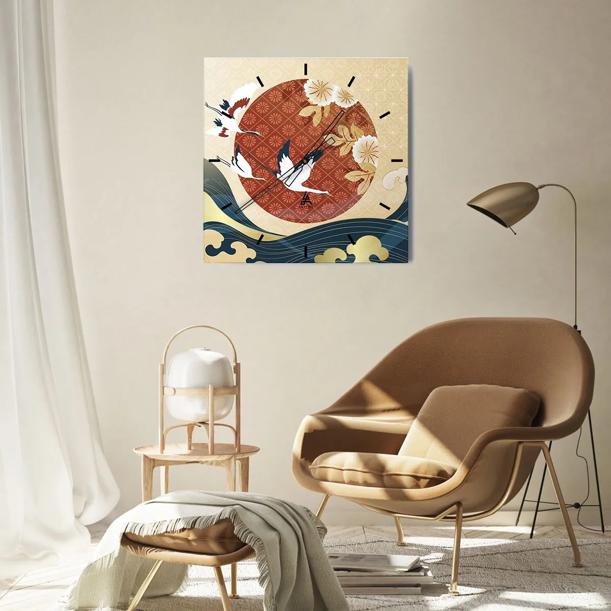Wanduhr - Glasuhr - Japanische Komposition mit Kranichen und Wellen - 30x30cm - Japanisches Märchen - Moderne Wanddekoration für Wohnzimmer und Schlafzimmer ARTTOR
