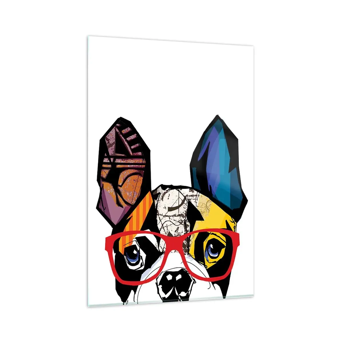 Glasbild - Bild auf glas - Bulldogge in einer bunten Illustration mit roter Brille - 80x120cm - Intellektuelle - Moderne Wanddekoration für Wohnzimmer und Schlafzimmer ARTTOR