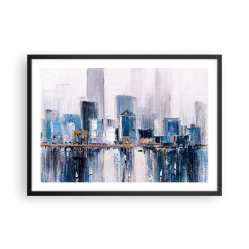 Poster in einem schwarzem Rahmen - Abstraktes Stadtpanorama mit Blau- und Gelbtönen - 70x50cm - New Yorker Eindruck - Moderne Wanddekoration für Wohnzimmer und Schlafzimmer ARTTOR