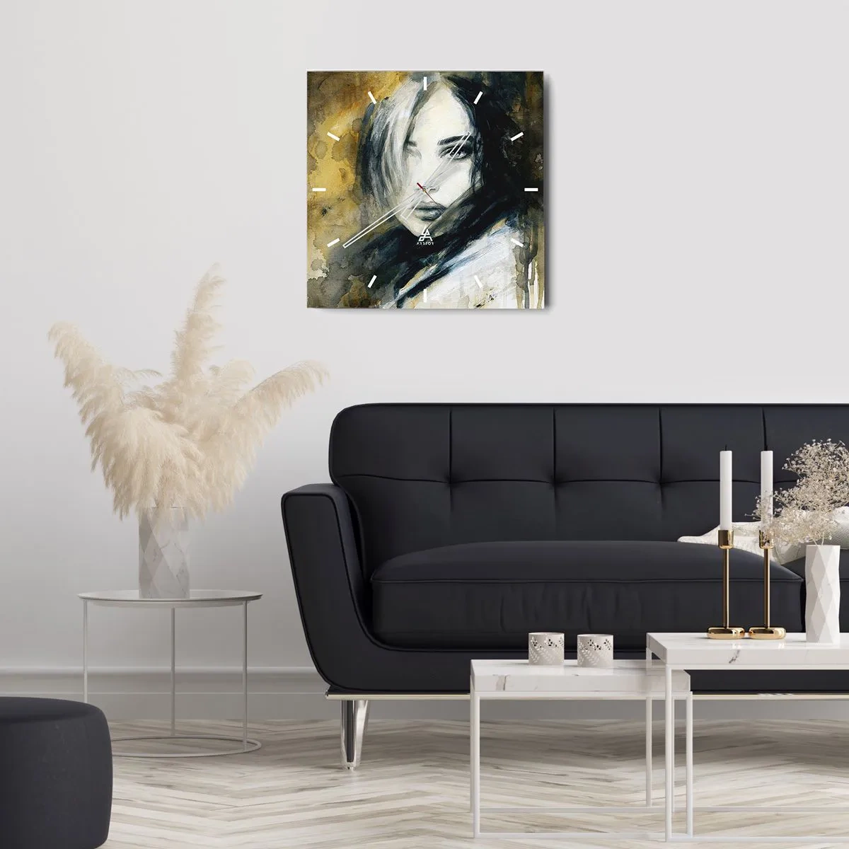 Wanduhr - Glasuhr - Porträt einer Frau vor einem Hintergrund aus abstrakten Flecken in Beigetönen - 30x30cm - unschuldiger oder sinnlicher? - Moderne Wanddekoration für Wohnzimmer und Schlafzimmer ARTTOR