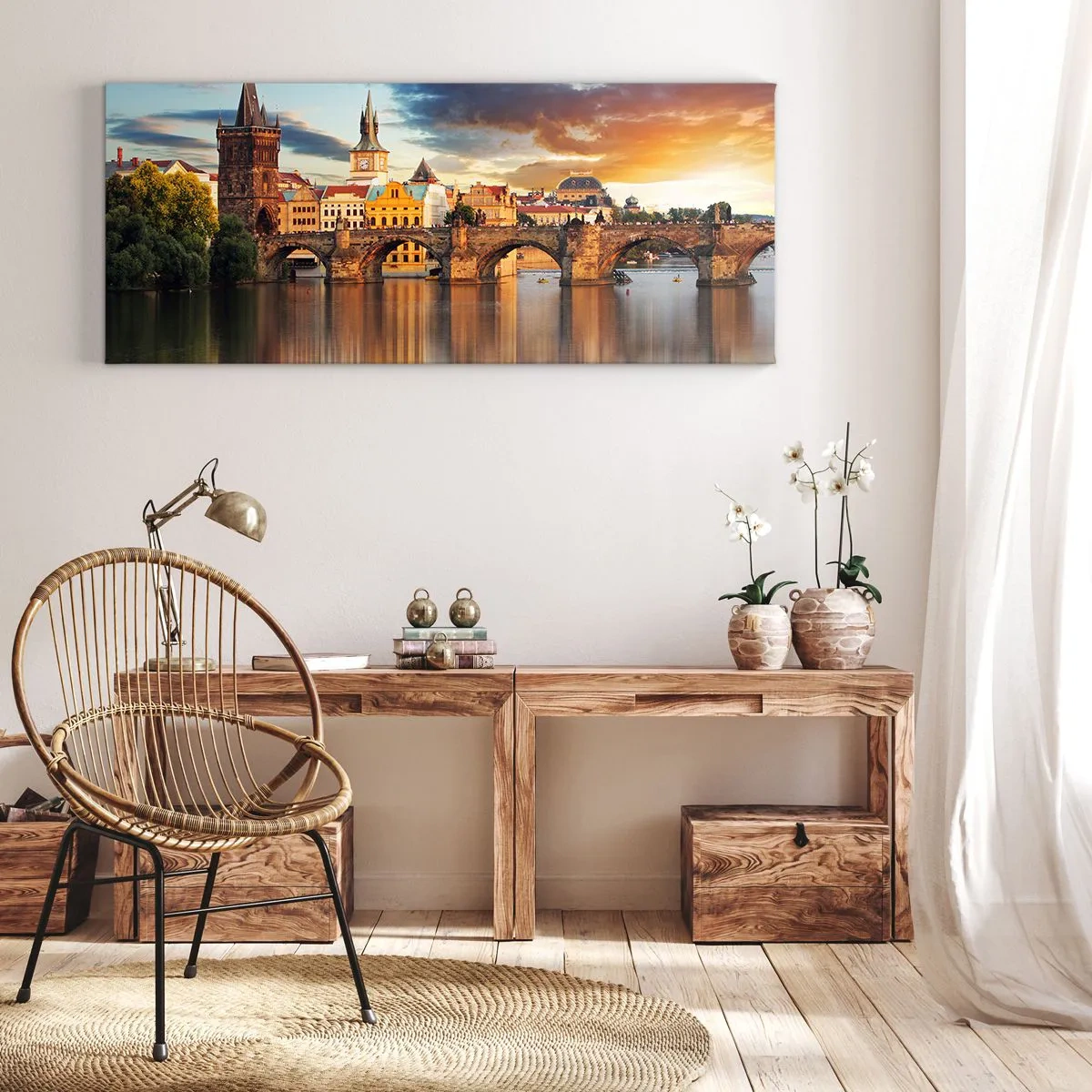 Bild auf Leinwand - Leinwandbild - Die historische Brücke über den Fluss im Licht der untergehenden Sonne - 120x50cm - Schön seit Ewigkeiten - Moderne Wanddekoration für Wohnzimmer und Schlafzimmer ARTTOR