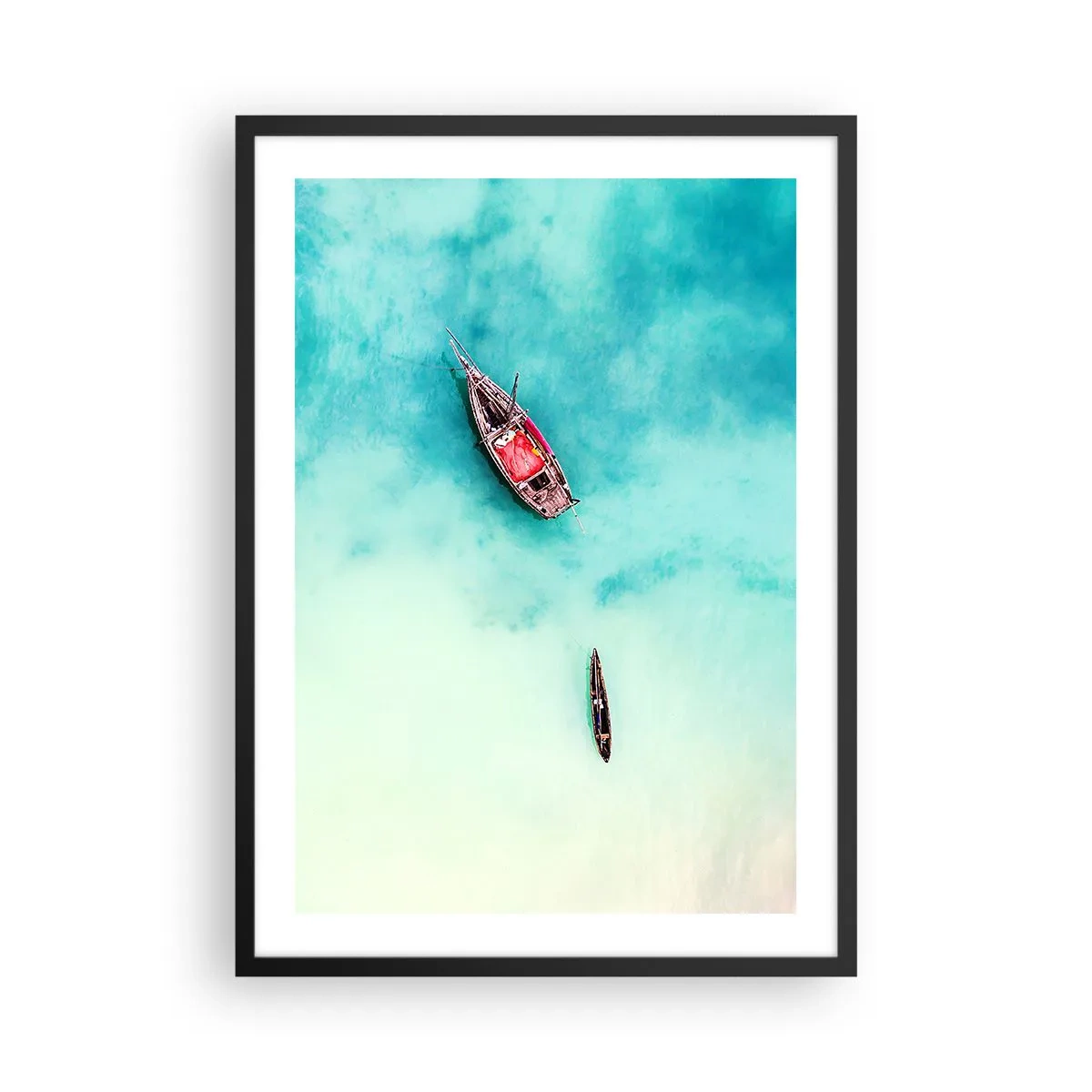 Poster in einem schwarzem Rahmen - Boote auf türkisfarbenem Wasser aus der Vogelperspektive - 50x70cm - Denn an den Stränden von Sansibar, wenn der Wasserüberschuss ... - Moderne Wanddekoration für Wohnzimmer und Schlafzimmer ARTTOR