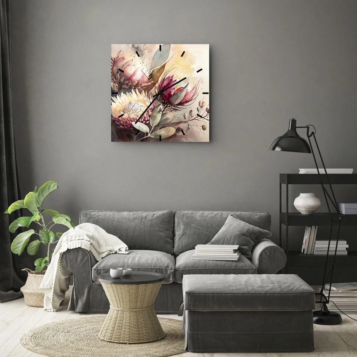 Wanduhr - Glasuhr - Proteablüten in zarten Pastelltönen - 30x30cm - Im Profil und en face - Moderne Wanddekoration für Wohnzimmer und Schlafzimmer ARTTOR