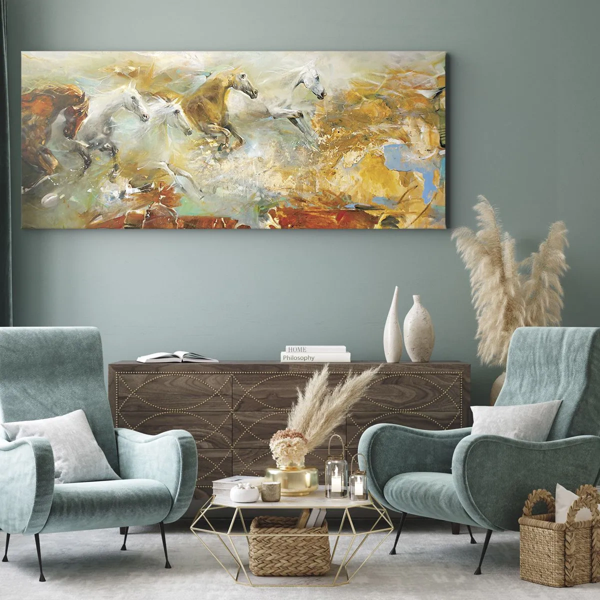 Bild auf Leinwand - Leinwandbild - Künstlerische Pferde in einer dynamischen, farbenfrohen Umgebung - 120x50cm - Im Galopp durch das Licht - Moderne Wanddekoration für Wohnzimmer und Schlafzimmer ARTTOR