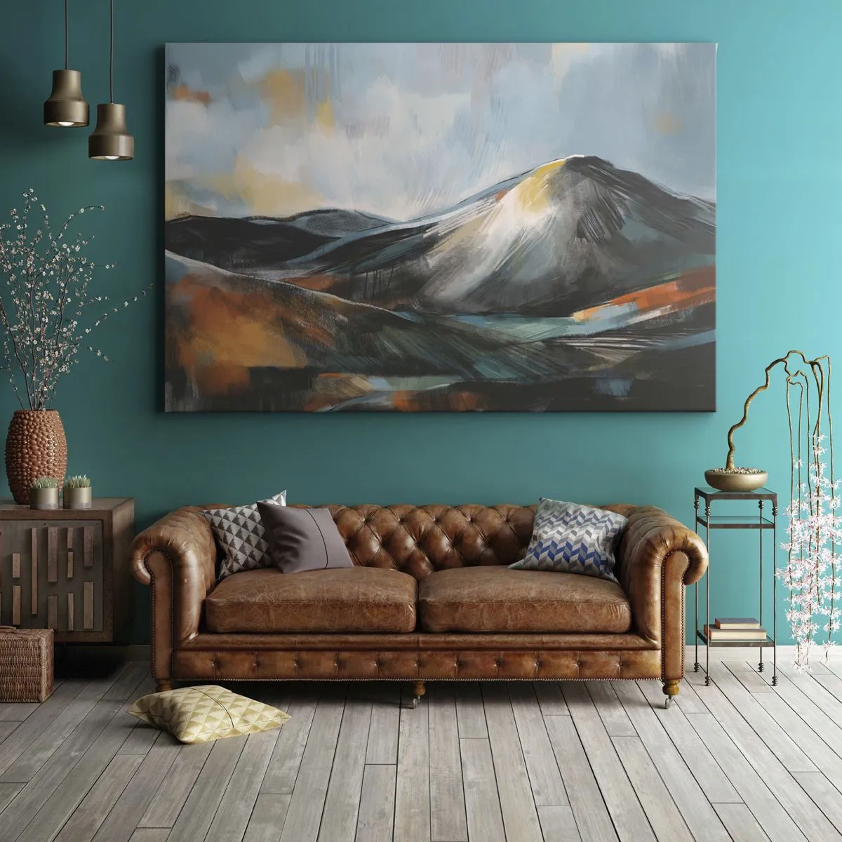 Bild auf Leinwand - Leinwandbild - Abstrakte Berglandschaft in warmen Farbtönen - 100x70cm - Roh und schön - Moderne Wanddekoration für Wohnzimmer und Schlafzimmer ARTTOR