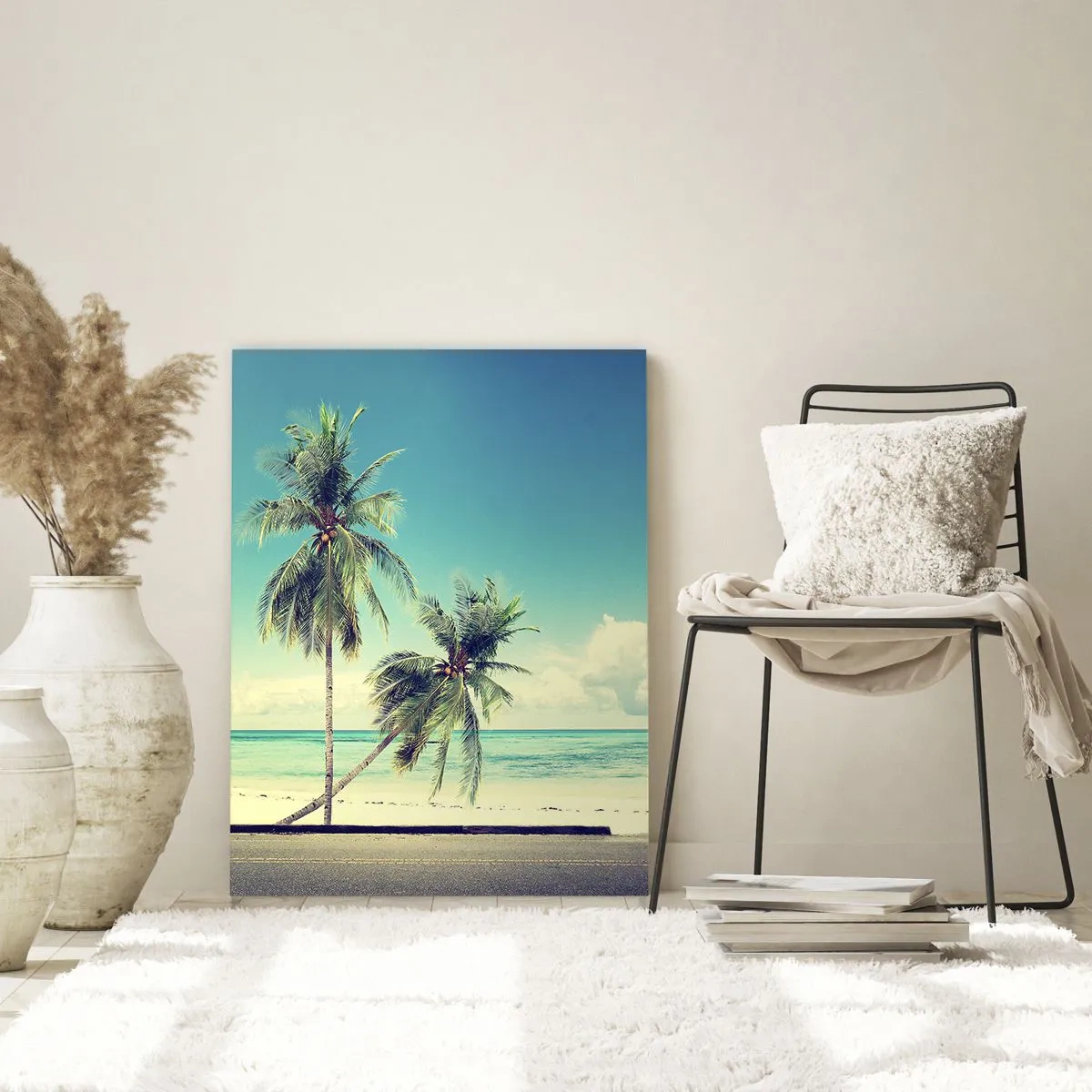 Glasbild - Bild auf glas - Ein Strand mit Palmen und einem rosa Retro-Van am Meer - 50x70cm - Zeit um in die Ferien zu starten - Moderne Wanddekoration für Wohnzimmer und Schlafzimmer ARTTOR