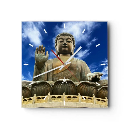 Wanduhr - Glasuhr - Eine monumentale Buddha-Statue vor einem blauen Himmel mit Wolken - 30x30cm - Leben ohne Angst - Moderne Wanddekoration für Wohnzimmer und Schlafzimmer ARTTOR