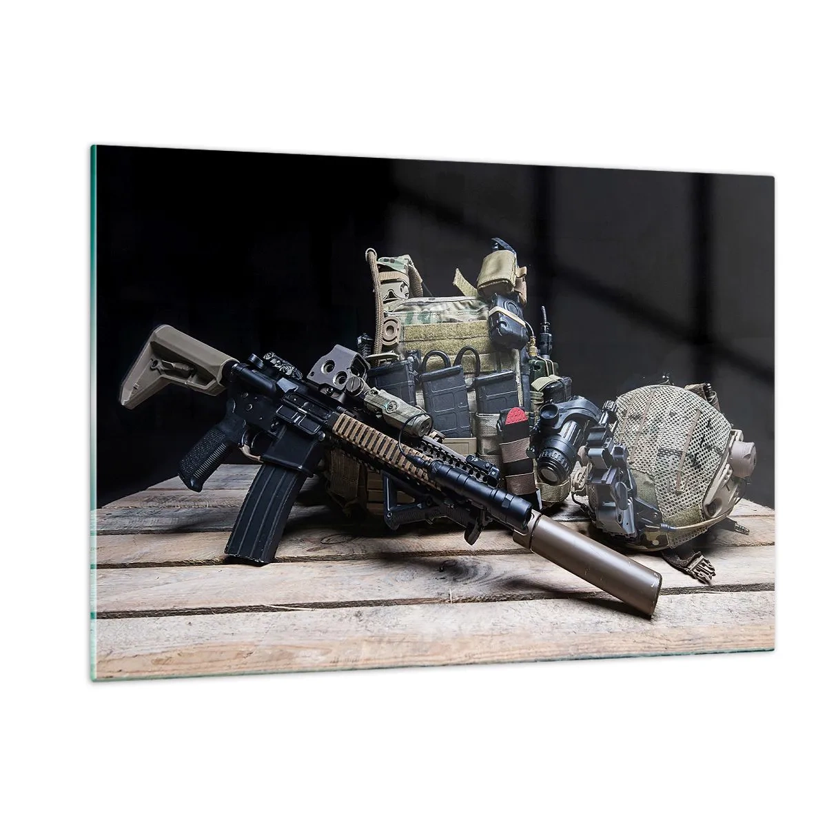 Glasbild - Bild auf glas - Taktische Ausrüstung und Waffen auf einem Holztisch angeordnet - 120x80cm - Sich ausruhen! - Moderne Wanddekoration für Wohnzimmer und Schlafzimmer ARTTOR