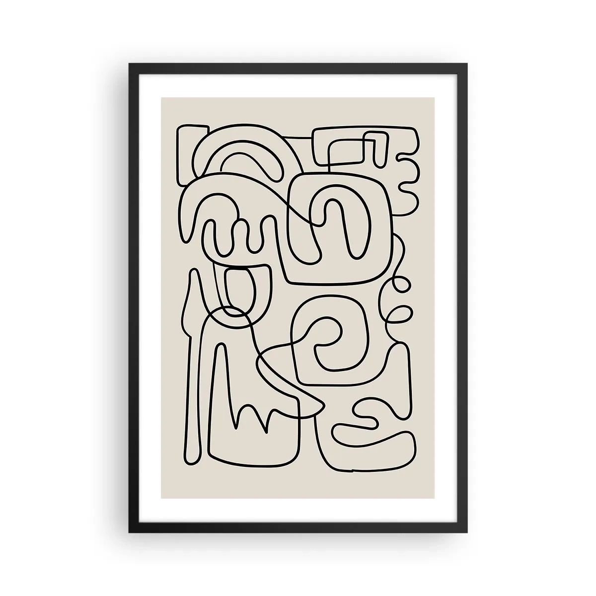 Poster in einem schwarzem Rahmen - Moderne Abstraktion in Form einer schwarzen Linie auf beigem Hintergrund - 50x70cm - Folge der Spur - Moderne Wanddekoration für Wohnzimmer und Schlafzimmer ARTTOR