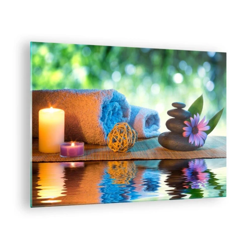 Glasbild - Bild auf glas - Spa mit Handtüchern, Kerzen und Steinen vor natürlicher Kulisse - 70x50cm - Zeit für den Körper - Moderne Wanddekoration für Wohnzimmer und Schlafzimmer ARTTOR
