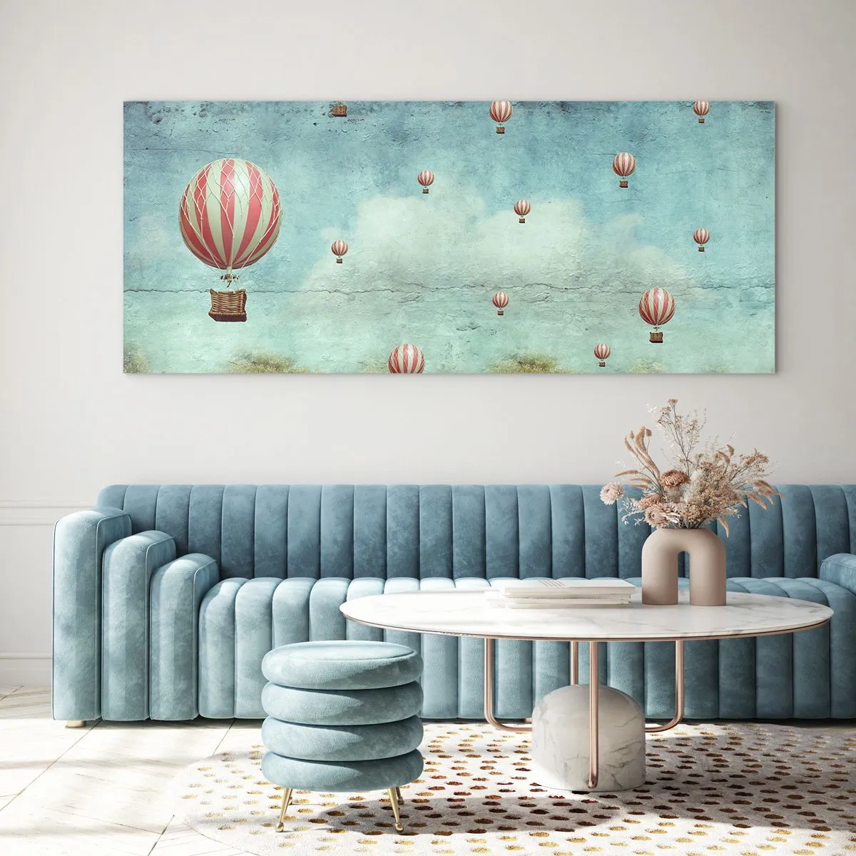 Glasbild - Bild auf glas - Retro-Ballons vor blauem Himmel und grünem Hintergrund - 120x50cm - Frei von der Hektik des Lebens - Moderne Wanddekoration für Wohnzimmer und Schlafzimmer ARTTOR