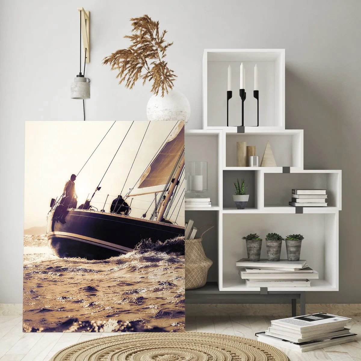 Glasbild - Bild auf glas - Eine Yacht auf stürmischer See im Licht der untergehenden Sonne - 80x120cm - Segle, Seemann - Moderne Wanddekoration für Wohnzimmer und Schlafzimmer ARTTOR