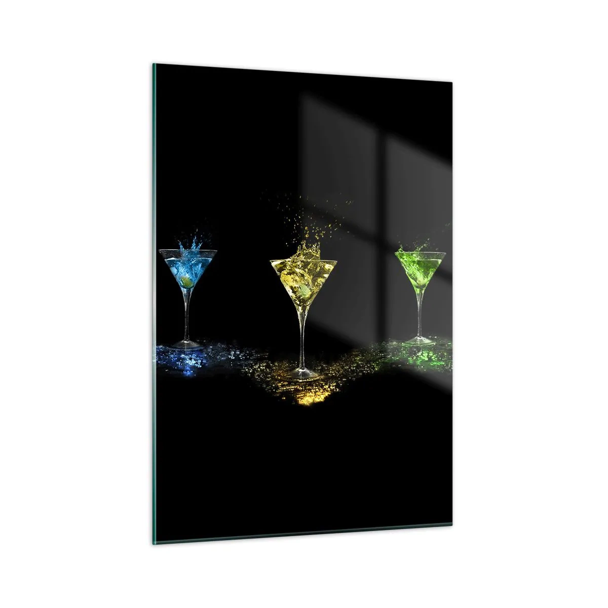 Glasbild - Bild auf glas - Bunte Getränke in Gläsern auf schwarzem Hintergrund - 50x70cm - Farben der Freude in Kristallglas - Moderne Wanddekoration für Wohnzimmer und Schlafzimmer ARTTOR