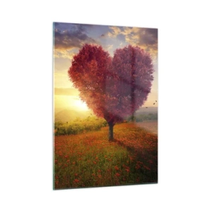 Glasbild - Bild auf glas - Ein herzförmiger Baum auf einem Feld bei Sonnenuntergang - 50x70cm - Berührt das Herz - Moderne Wanddekoration für Wohnzimmer und Schlafzimmer ARTTOR