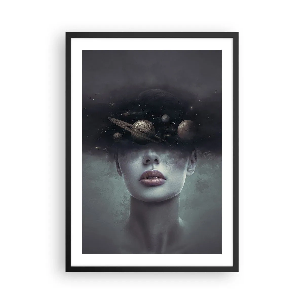 Poster in einem schwarzem Rahmen - Geheimnisvolles Porträt einer Frau mit Planeten im Weltraum - 50x70cm - Und die Planeten spielen verrückt ... - Moderne Wanddekoration für Wohnzimmer und Schlafzimmer ARTTOR