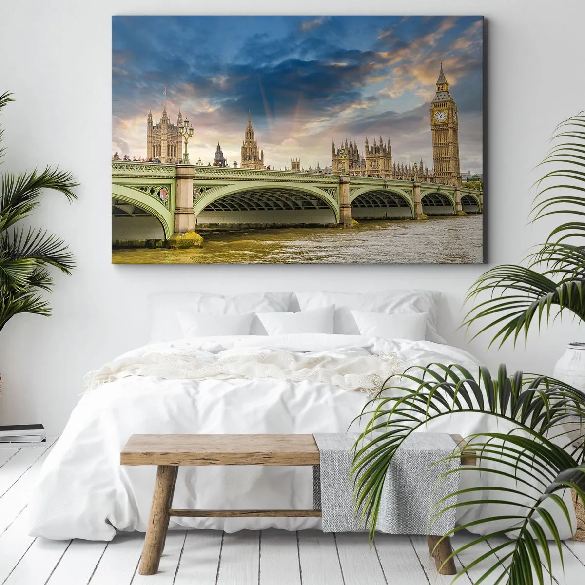 Bild auf Leinwand - Leinwandbild - Big Ben und Westminster Bridge gegen den Himmel in der Abenddämmerung - 100x70cm - Im Imperium ist die Zeit stehen geblieben - Moderne Wanddekoration für Wohnzimmer und Schlafzimmer ARTTOR