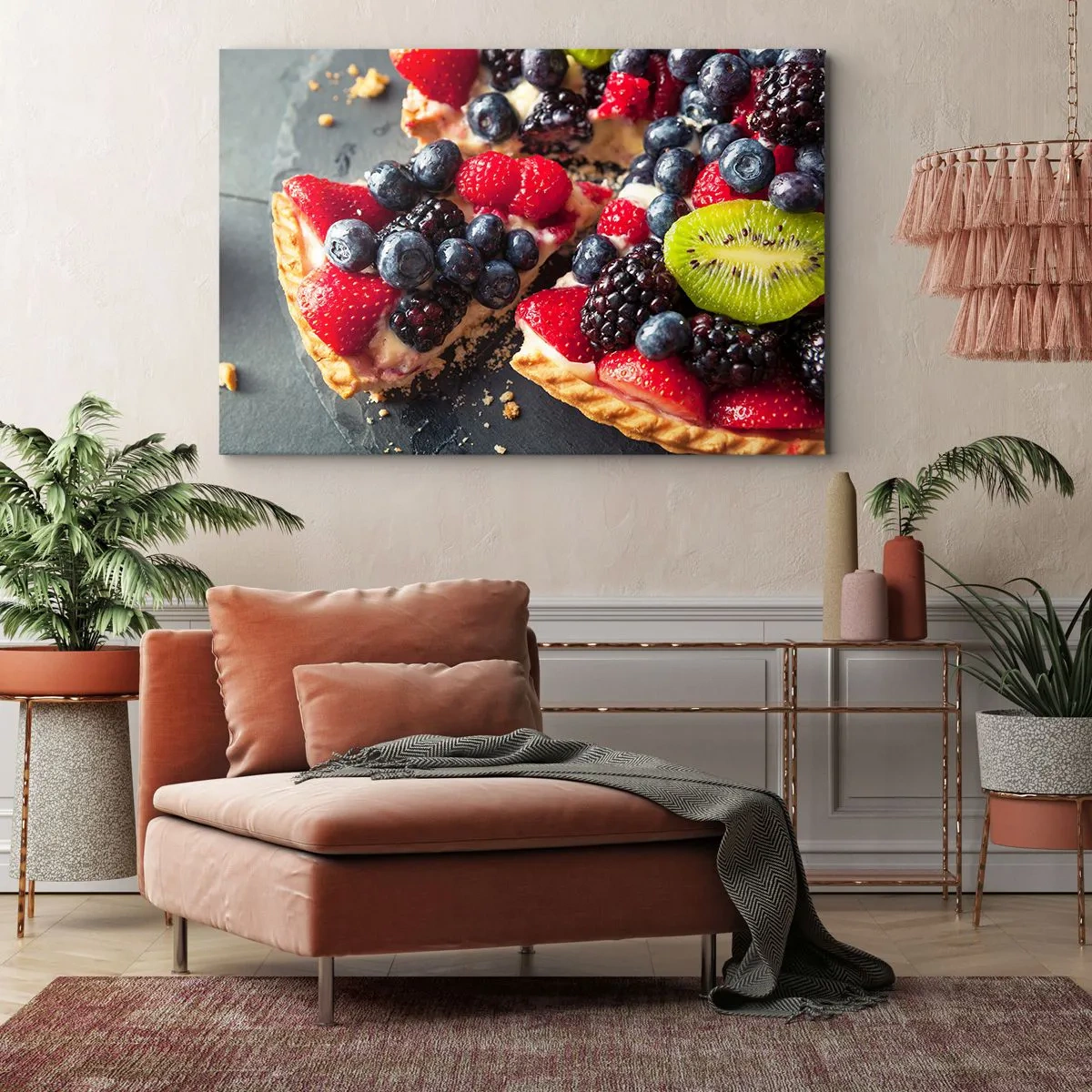 Bild auf Leinwand - Leinwandbild - Bunte Tarte mit Früchten und Sahne - 120x80cm - Dolce Vita! - Moderne Wanddekoration für Wohnzimmer und Schlafzimmer ARTTOR