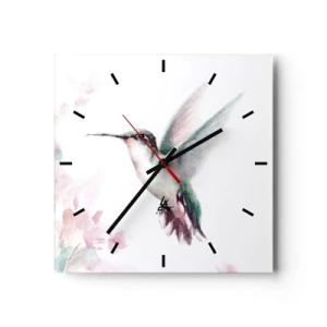 Wanduhr - Glasuhr - Ein Kolibri in zarten Pastellfarben vor einem Hintergrund aus Blumen - 30x30cm - Im Flattern gehalten - Moderne Wanddekoration für Wohnzimmer und Schlafzimmer ARTTOR