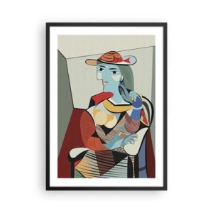 Poster in einem schwarzem Rahmen - Kubistisches Porträt einer Frau mit Hut - 50x70cm - Gesehen mit den Augen von Picasso - Moderne Wanddekoration für Wohnzimmer und Schlafzimmer ARTTOR