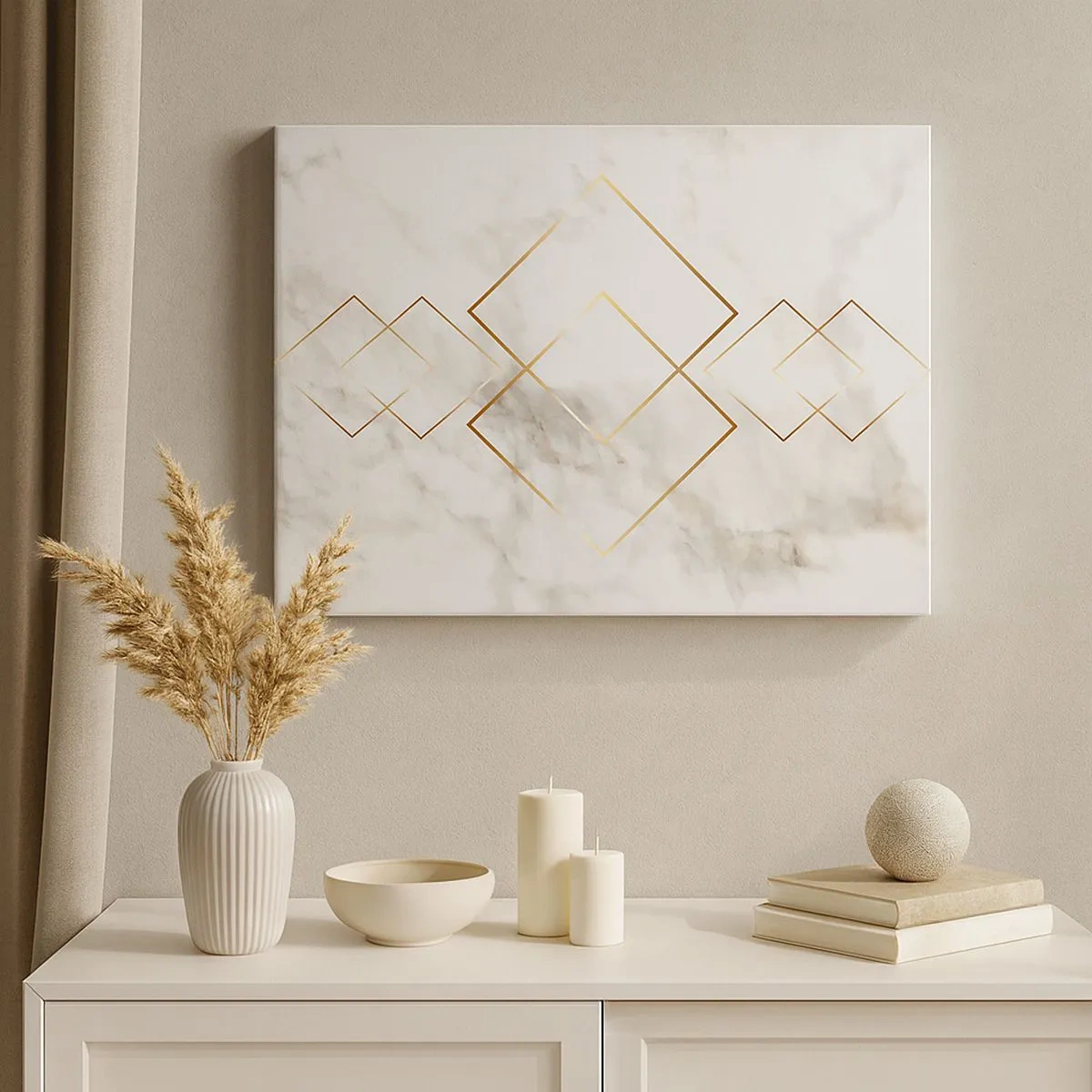 Bild auf Leinwand - Leinwandbild - Minimalistische goldene Rauten auf Marmorhintergrund - 70x50cm - Ein Blick in die Unendlichkeit - Moderne Wanddekoration für Wohnzimmer und Schlafzimmer ARTTOR