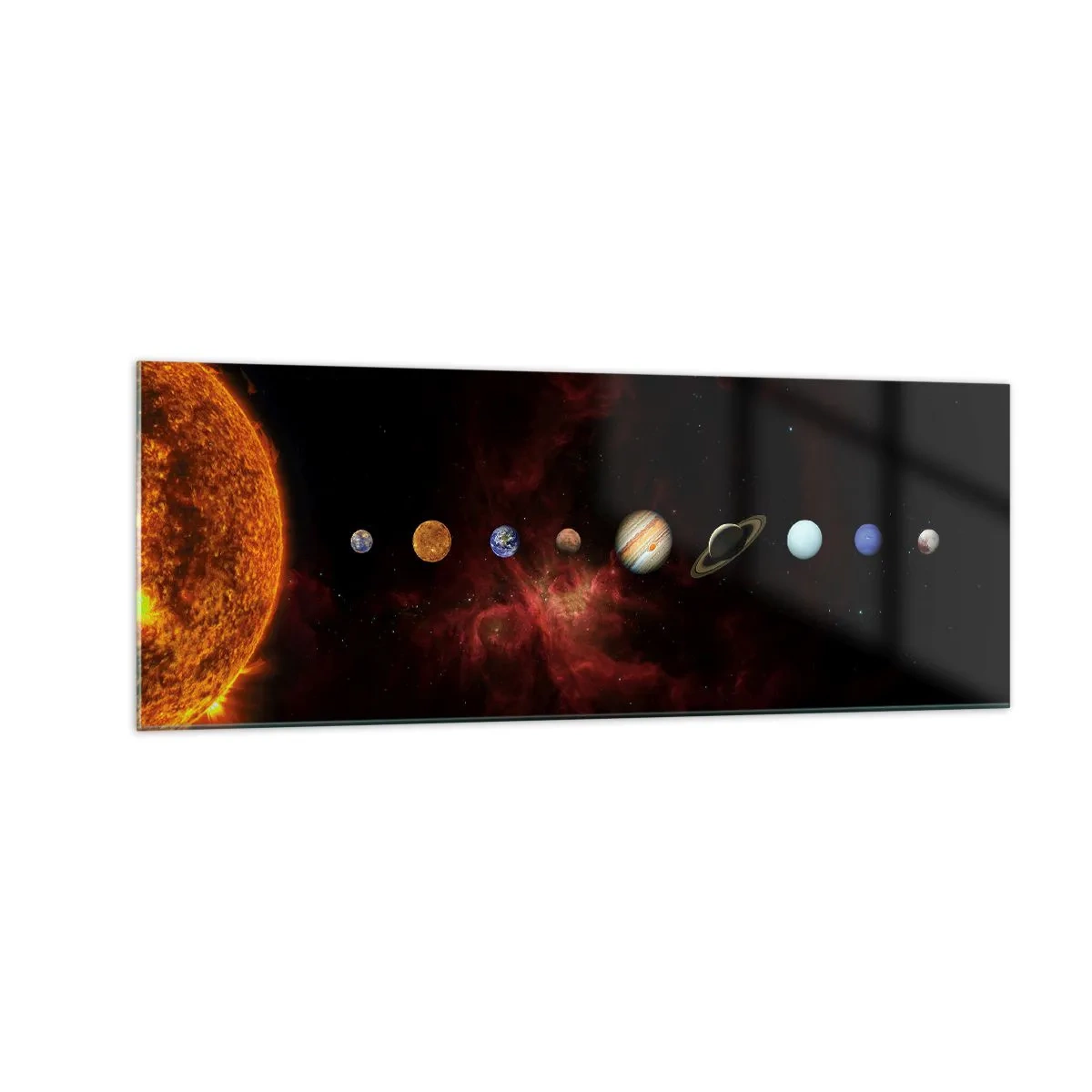 Glasbild - Bild auf glas - Das Sonnensystem mit Planeten vor dem Hintergrund des Weltraums - 140x50cm - Unsere Nachbarschaft - Moderne Wanddekoration für Wohnzimmer und Schlafzimmer ARTTOR
