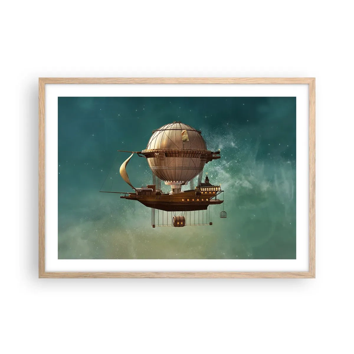 Poster in einem Rahmen aus heller Eiche - Jules Verne sagt Hallo - 70x50 cm