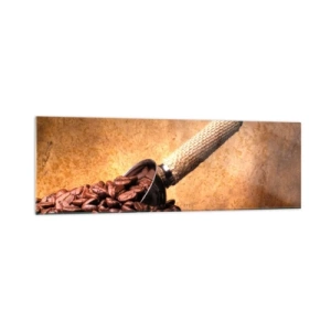 Glasbild - Bild auf glas - Kaffeebohnen in einem Jutebeutel mit einem Metalllöffel - 160x50cm - An der Quelle des Geschmacks - Moderne Wanddekoration für Wohnzimmer und Schlafzimmer ARTTOR