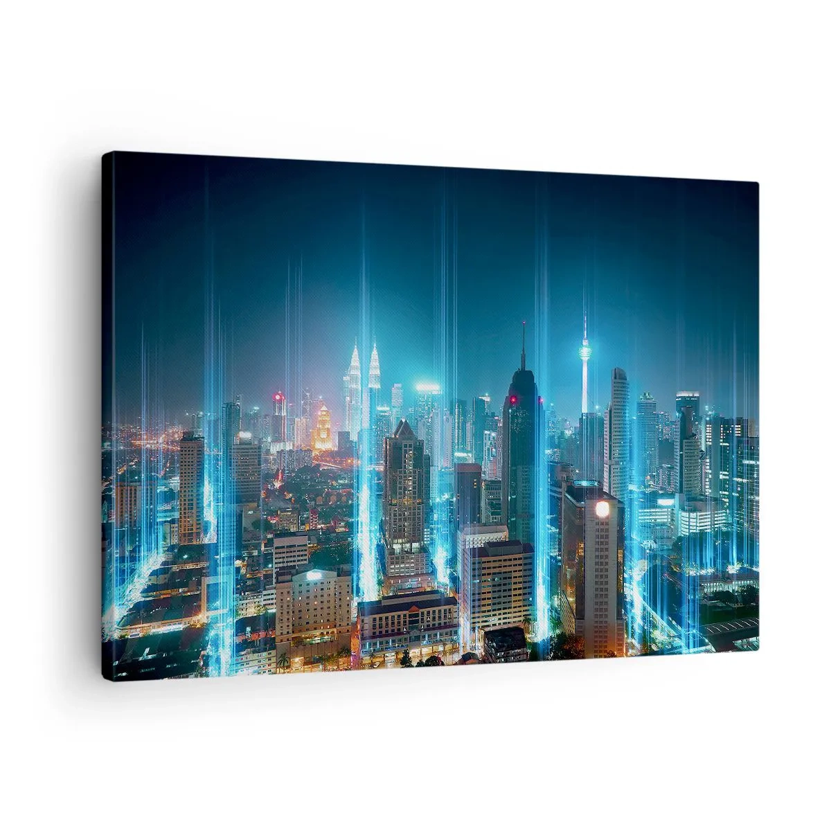 Bild auf Leinwand - Leinwandbild - Eine moderne Stadt bei Nacht mit futuristischen Lichtakzenten. - 70x50cm - Auf Berliner Art gegen den Himmel - Moderne Wanddekoration für Wohnzimmer und Schlafzimmer ARTTOR