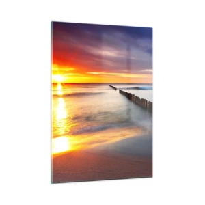 Glasbild - Bild auf glas - Sonnenuntergang über dem Meer mit hölzernen Wellenbrechern - 50x70cm - Lausche der Stille - Moderne Wanddekoration für Wohnzimmer und Schlafzimmer ARTTOR