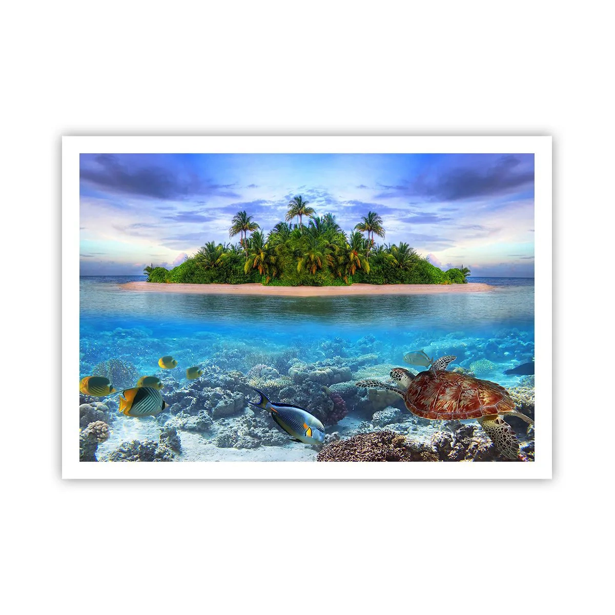 Poster - Eine tropische Insel, umgeben von einem türkisfarbenen Ozean mit einem Korallenriff und Fischen. - 100x70cm - Heavenly Island lädt dich ein - Moderne Wanddekoration für Wohnzimmer und Schlafzimmer ARTTOR
