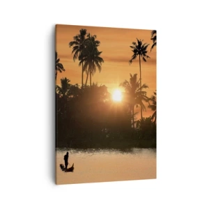 Bild auf Leinwand - Leinwandbild - Sonnenuntergang über Palmen und einem ruhigen See mit einem Boot - 50x70cm - Zeit zum Entspannen - Moderne Wanddekoration für Wohnzimmer und Schlafzimmer ARTTOR
