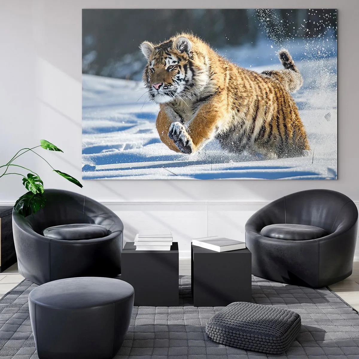 Glasbild - Bild auf glas - Ein sibirischer Tiger läuft durch den Schnee in einer Winterlandschaft. - 100x70cm - Gott der sibirischen Taiga - Moderne Wanddekoration für Wohnzimmer und Schlafzimmer ARTTOR