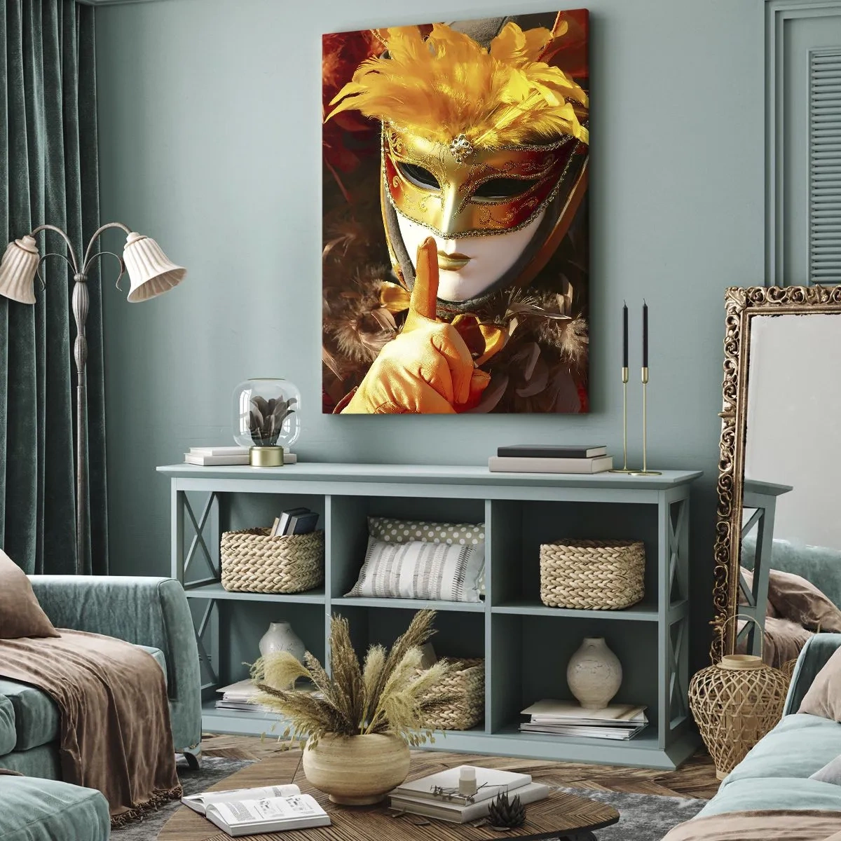 Bild auf Leinwand - Leinwandbild - Karnevalsmaske in Gold- und Orangetönen - 50x70cm - Geheimnis ist Teil des Spiels - Moderne Wanddekoration für Wohnzimmer und Schlafzimmer ARTTOR