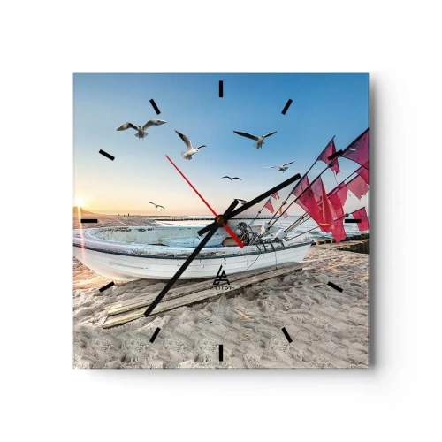 Wanduhr - Glasuhr - Ein Boot am Strand im Morgengrauen mit Möwen und roten Fahnen - 30x30cm - Wohlverdiente Ruhe - Moderne Wanddekoration für Wohnzimmer und Schlafzimmer ARTTOR