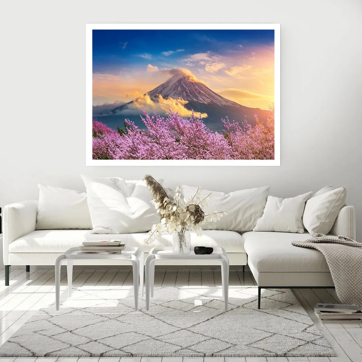 Poster - Mount Fuji mit Kirschblüten im Hintergrund bei Sonnenuntergang - 100x70cm - Japanische Heiligkeit - Moderne Wanddekoration für Wohnzimmer und Schlafzimmer ARTTOR
