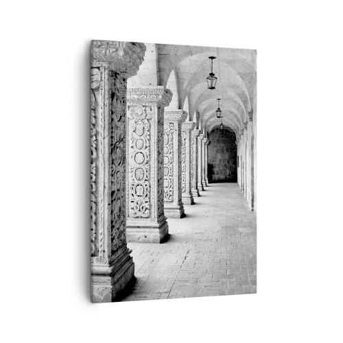 Bild auf Leinwand - Leinwandbild - Historische Säulen in einer monochromen Aufnahme - 50x70cm - Und wo geht’s hin...? - Moderne Wanddekoration für Wohnzimmer und Schlafzimmer ARTTOR